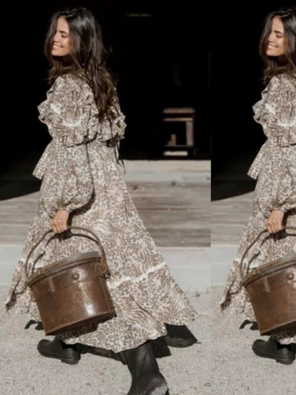 Spell Ada Gown Beige Leopard Ruffle Maxi Dress